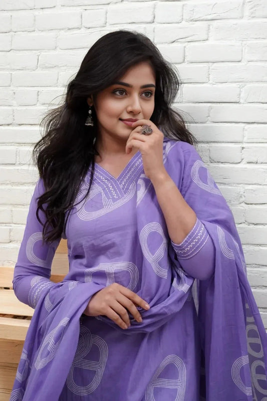 Purple Printed Kurta Set with Printed Dupatta