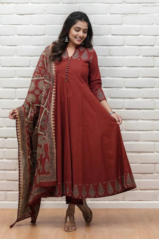 Maroon Flared Kurta Set with Dupatta