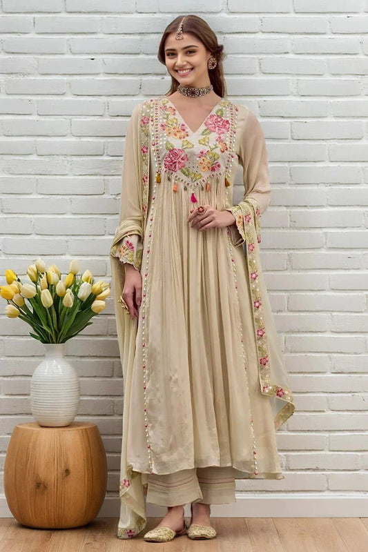 Cream Embroidered Anarkali Kurti with Dupatta