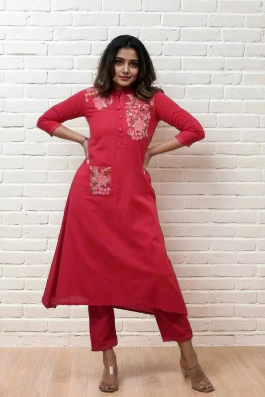 Red Floral Embroidered Cotton Kurta with Pant