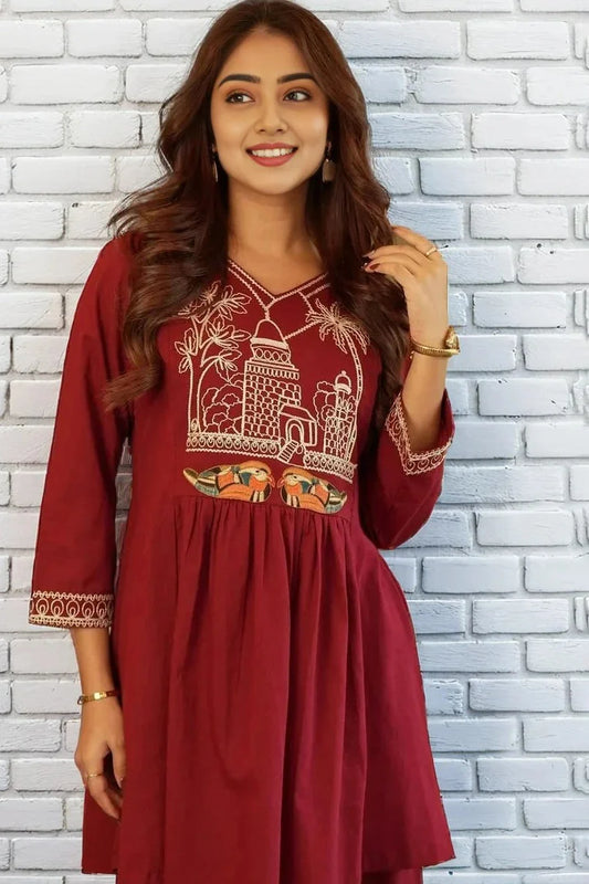 Maroon A-line Embroidery Kurta with Palazzo