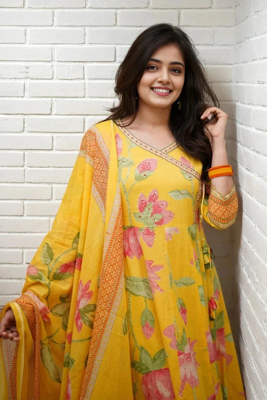 Floral Angrakha Kurta Set with Dupatta