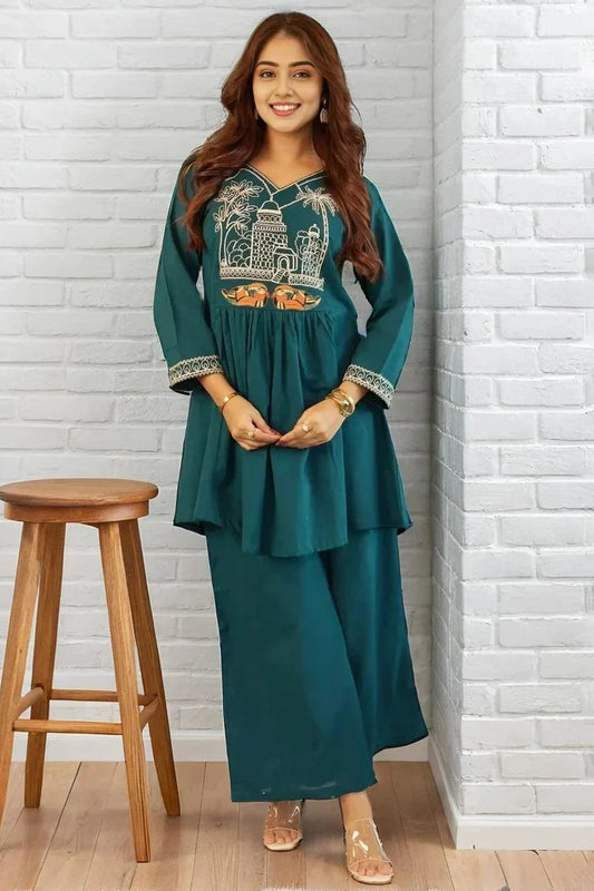 Teal A-line Embroidery Kurta with Palazzo