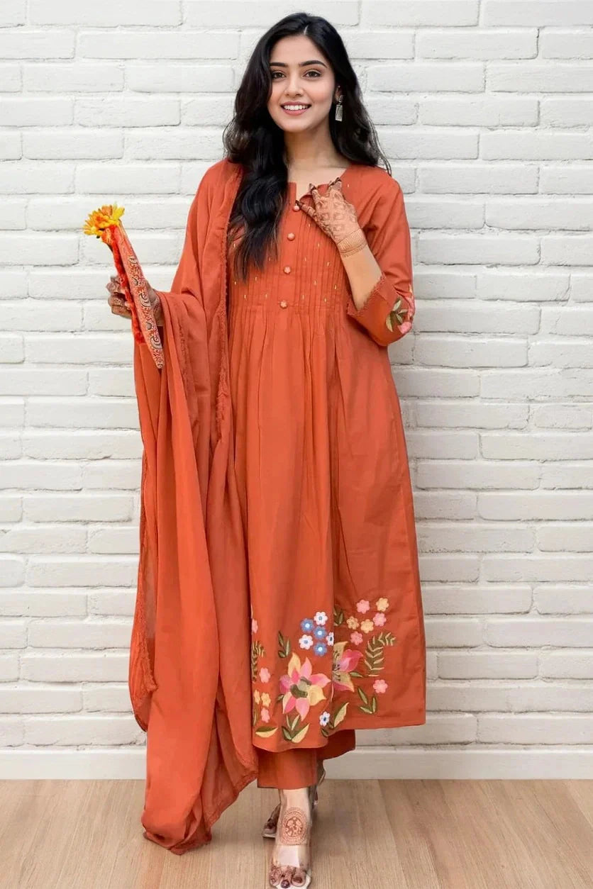 Orange Pintex Embroidered Kurta Set with Dupatta