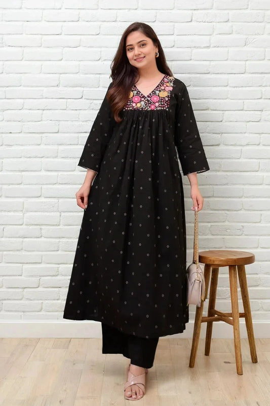 Black Floral Embroidered Angrakha Kurta with Palazzo
