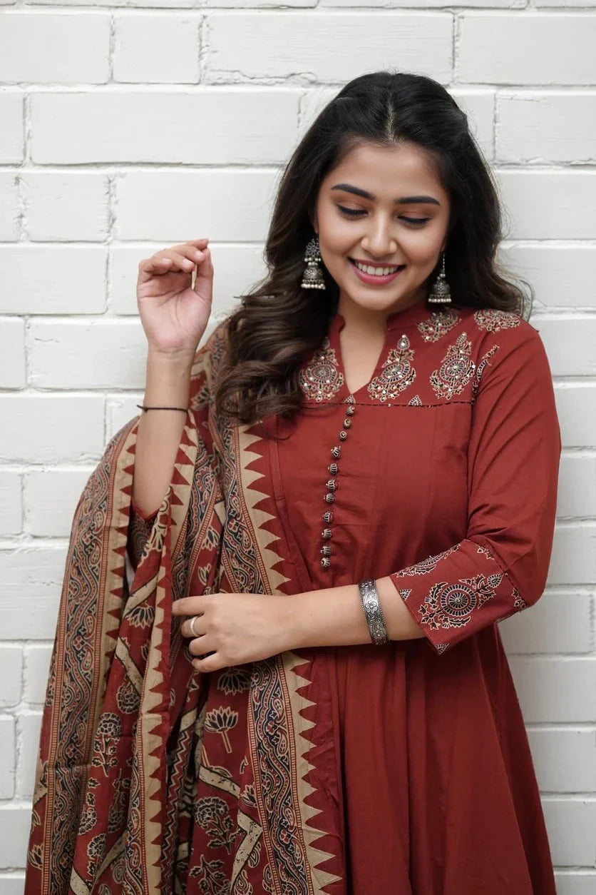 Maroon Flared Kurta Set with Dupatta