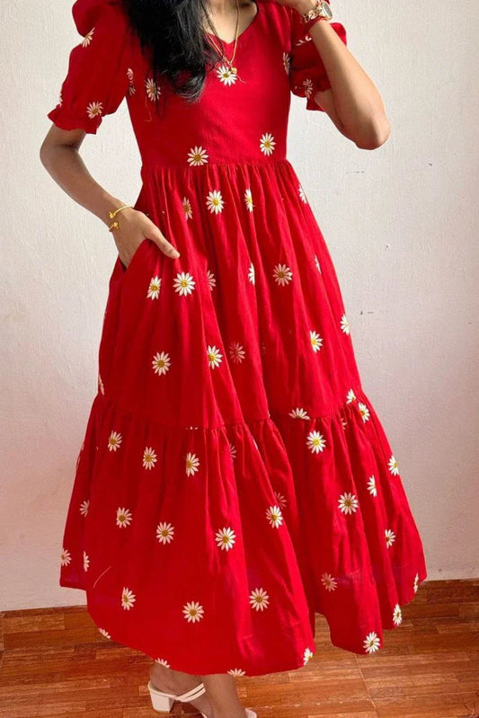 Red Embroidered Floral Midi Dress