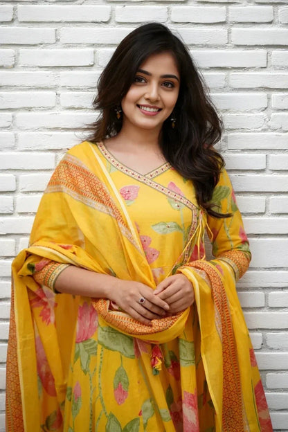 Floral Angrakha Kurta Set with Dupatta