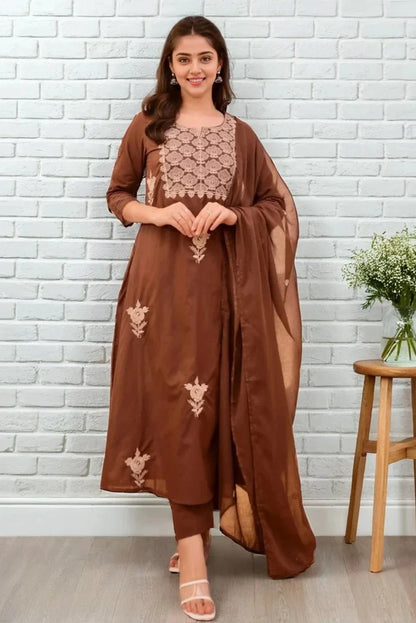 Brown Embroidered Cotton Kurti Set with Dupatta