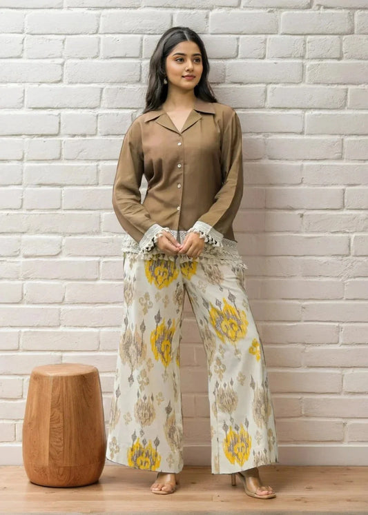 Coffee Brown Cotton Shirt Style Co-Ord Set
