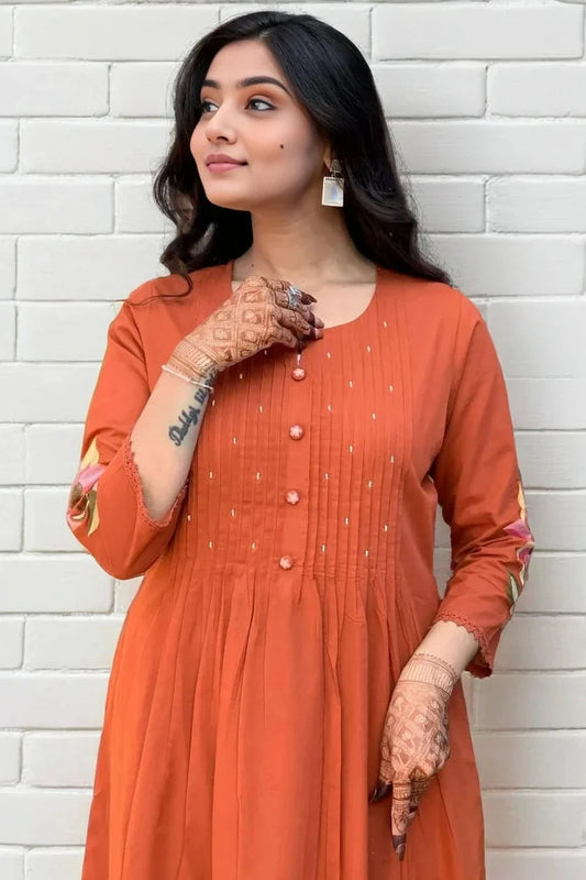 Orange Pintex Embroidered Kurta Set with Dupatta