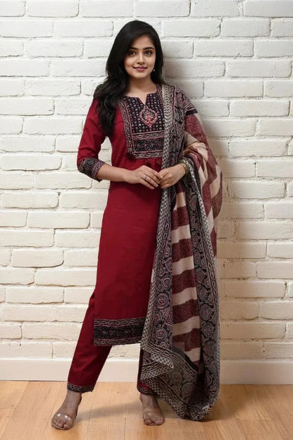 Maroon Ajrakh Print Kurta Set with Dupatta