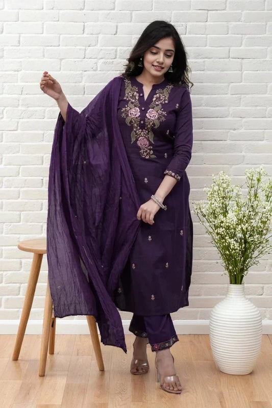 Purple Floral Embroidered Kurta Set with Dupatta