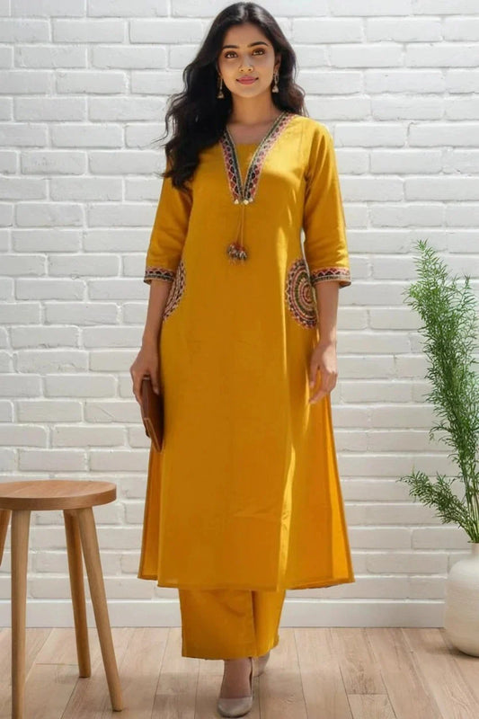 Yellow Embroidered Kurti with Pant