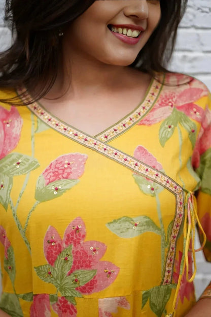 Floral Angrakha Kurta Set with Dupatta