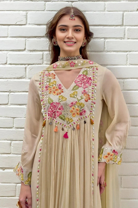 Cream Embroidered Anarkali Kurti with Dupatta