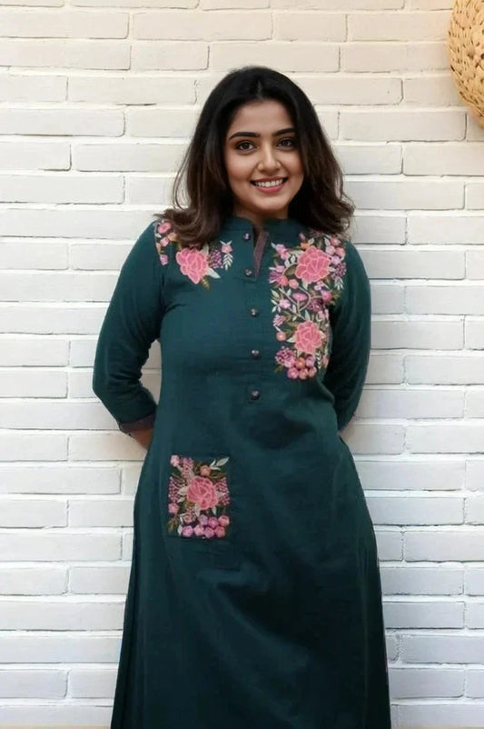 Green Floral Embroidered Cotton Kurta with Pant