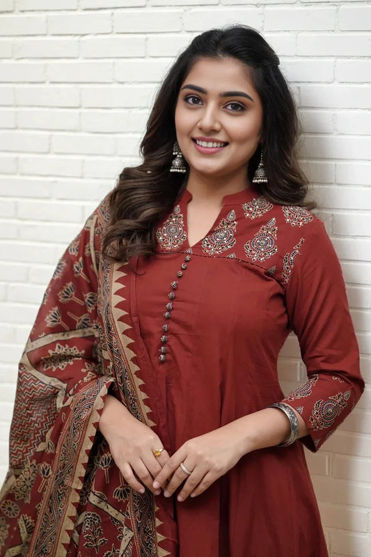 Maroon Flared Kurta Set with Dupatta