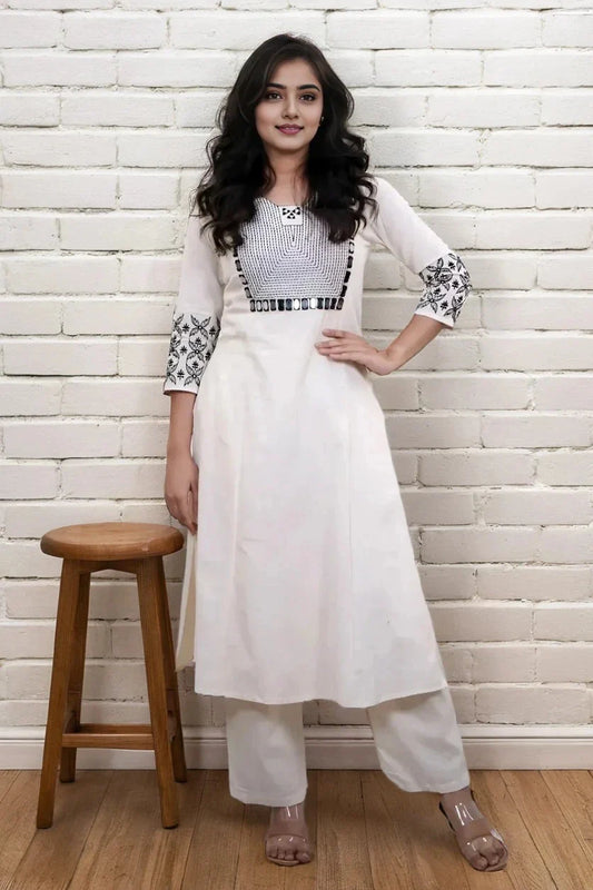 White Katha Mirror Work Kurta with Pant