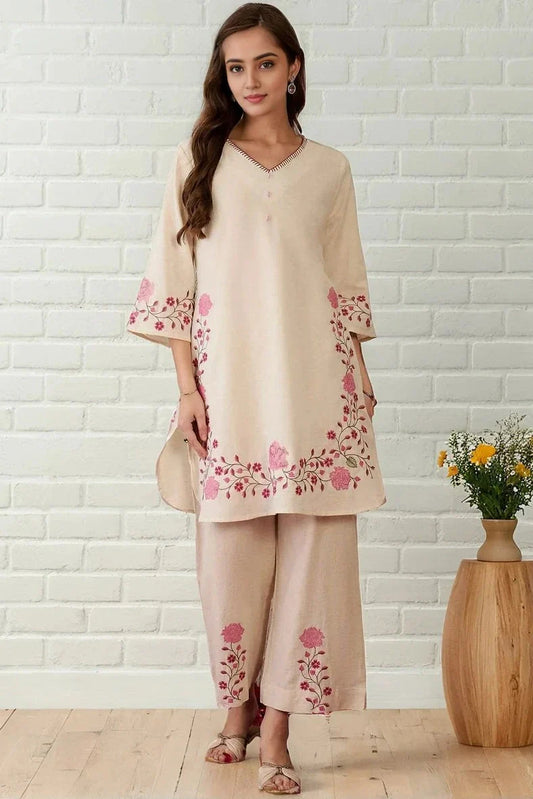 Cream White Floral Printed Co-Ord Set