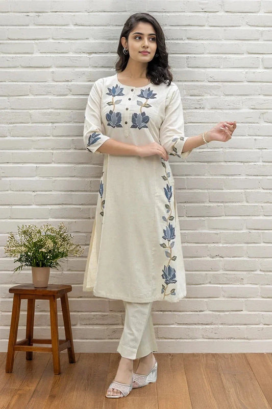 Off White Floral Embroidered Kurta with Pant