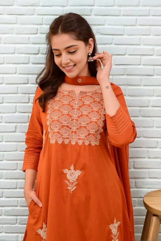 Orange Embroidered Cotton Kurti Set with Dupatta