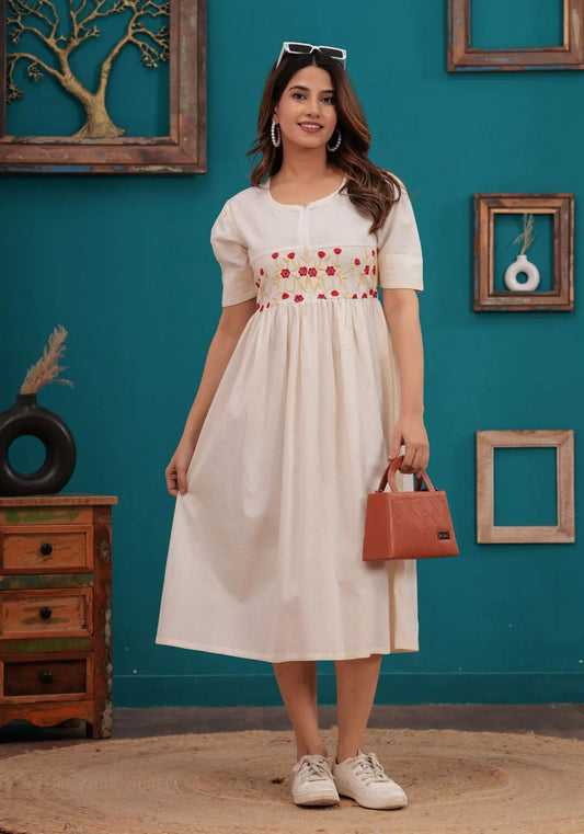 Ivory Embroidered Cotton Flex Midi Dress