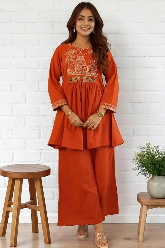 Orange A-line Embroidery Kurta with Palazzo