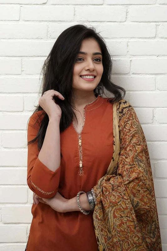 Orange Katha Kurta Set with Dupatta