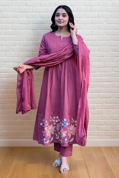 Magenta Pintex Embroidered Kurta Set with Dupatta