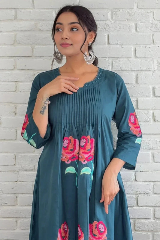 Teal Pintex Flared Embroidered Kurta with Palazzo