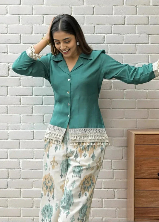 Winter Green Cotton Shirt Style Co-Ord Set