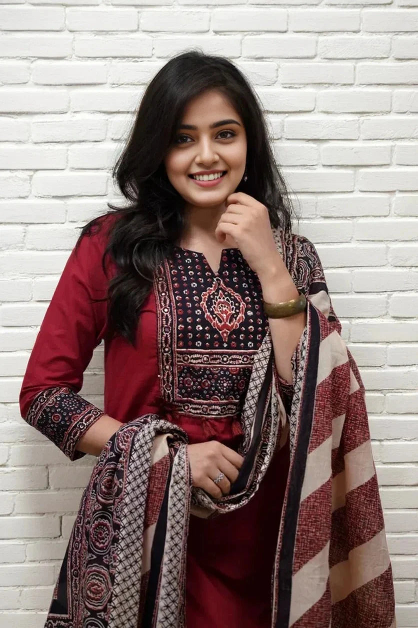 Maroon Ajrakh Print Kurta Set with Dupatta
