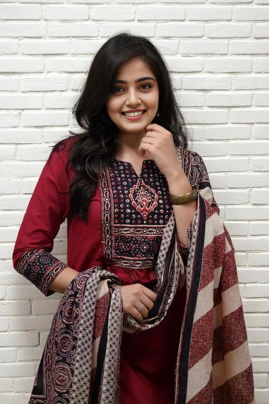 Maroon Ajrakh Print Kurta Set with Dupatta