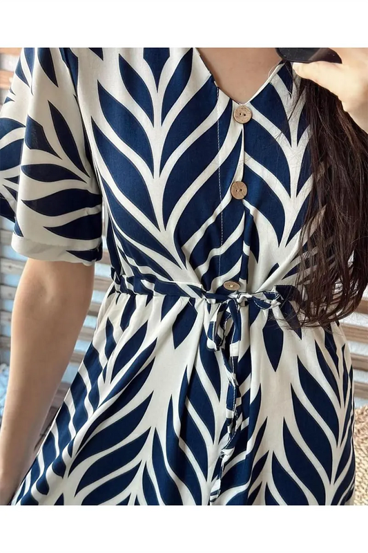 Blue Leaves Print Midi Dress