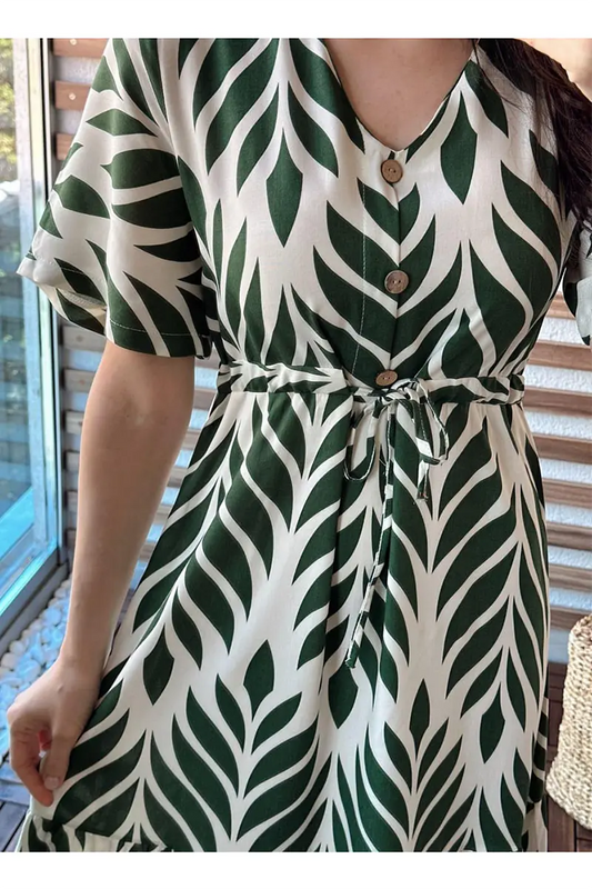 Green Leaves Print Midi Dress