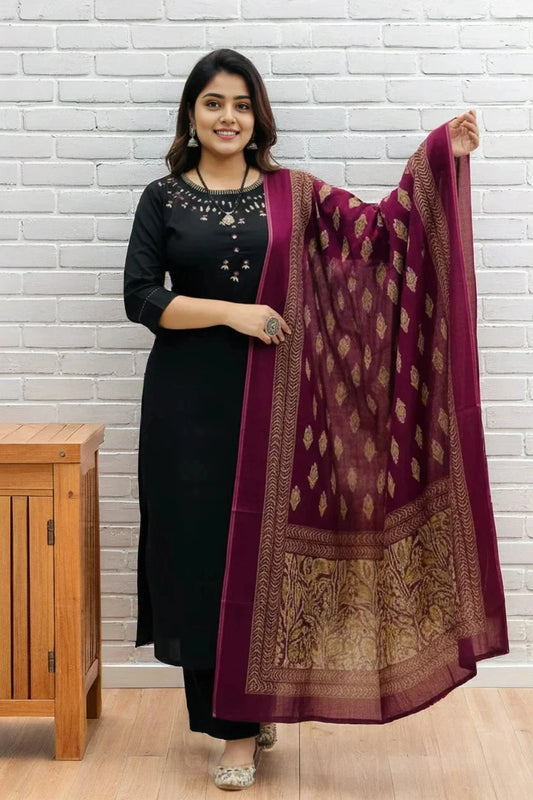 Black Straight Kurti with Printed Dupatta