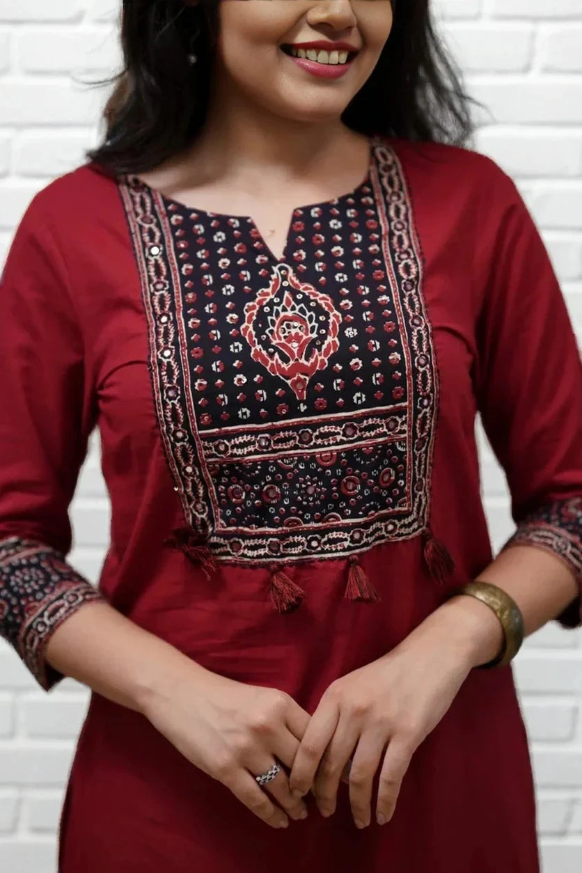 Maroon Ajrakh Print Kurta Set with Dupatta