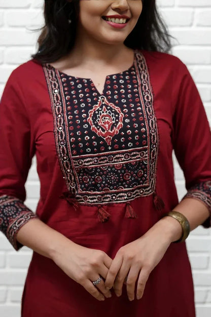 Maroon Ajrakh Print Kurta Set with Dupatta