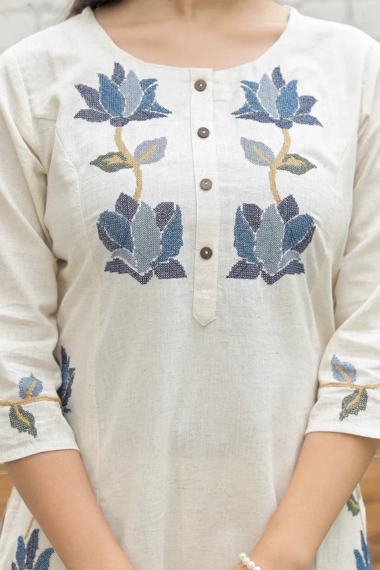Off White Floral Embroidered Kurta with Pant