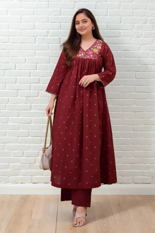 Maroon Floral Embroidered Angrakha Kurta with Palazzo