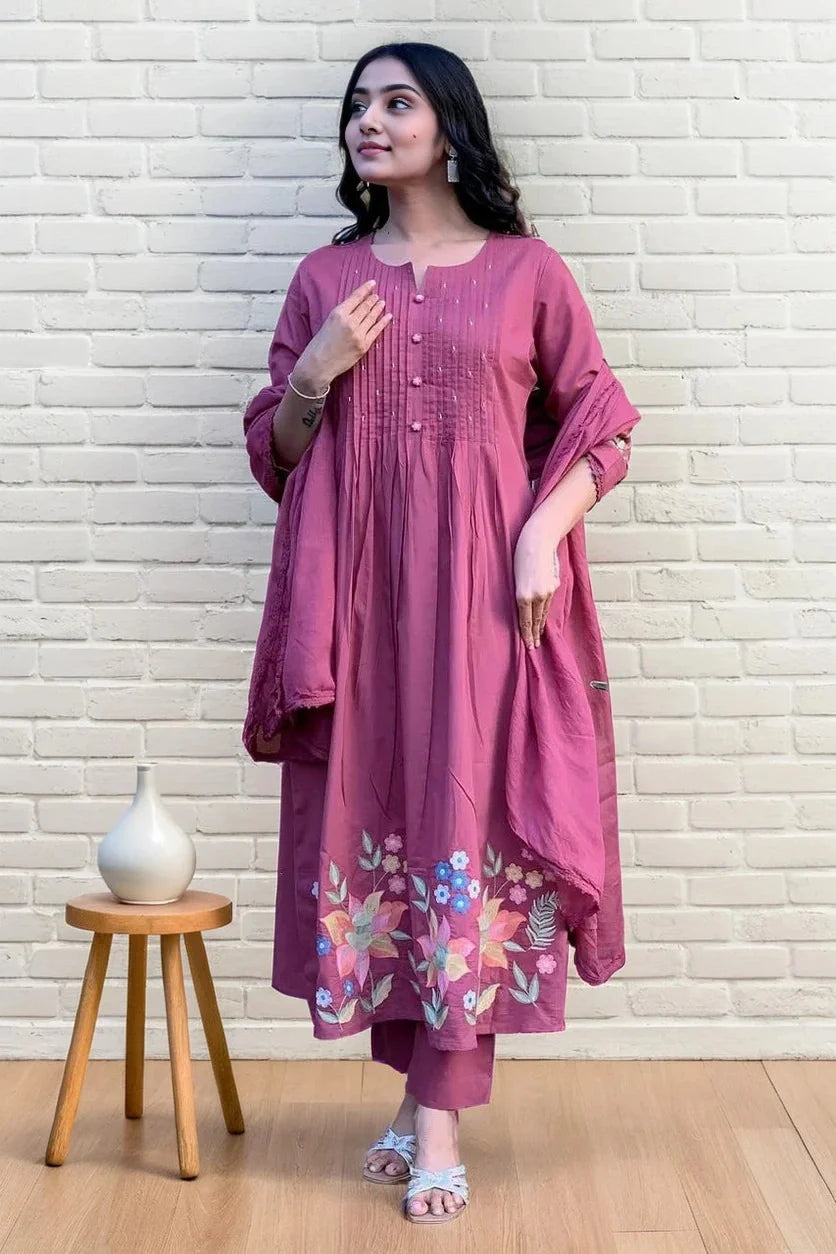 Magenta Pintex Embroidered Kurta Set with Dupatta