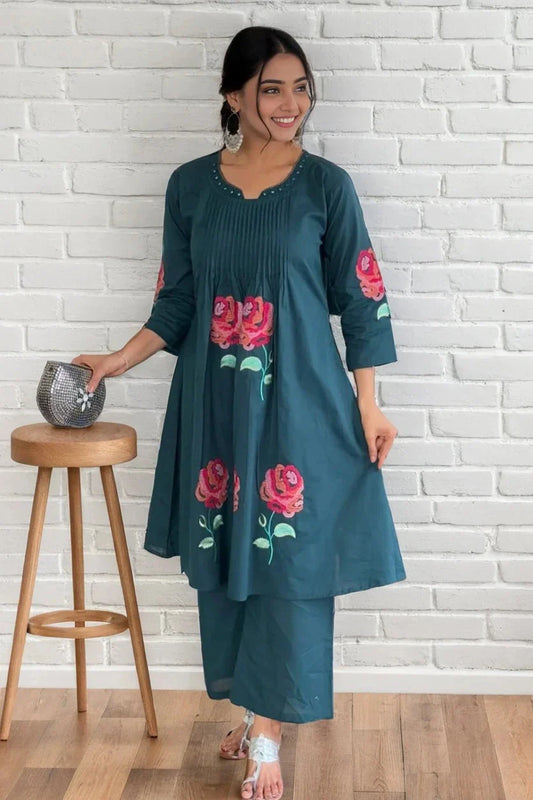 Teal Pintex Flared Embroidered Kurta with Palazzo