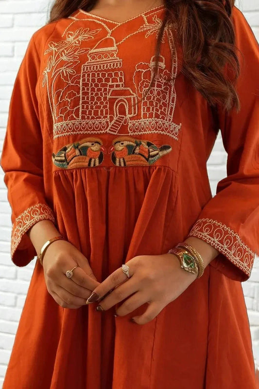 Orange A-line Embroidery Kurta with Palazzo