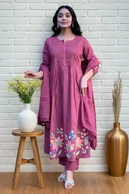 Magenta Pintex Embroidered Kurta Set with Dupatta