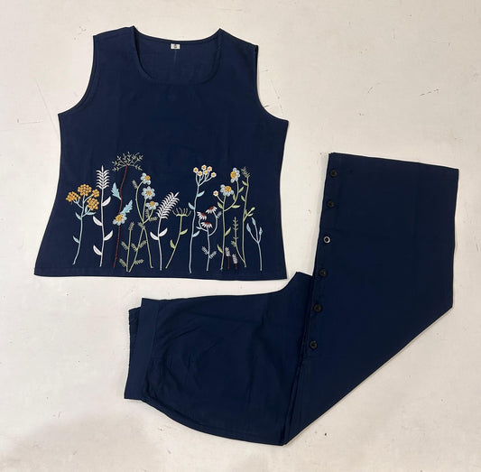 Dark Blue Embroidered Sleeveless Palazzo Co-ord Set