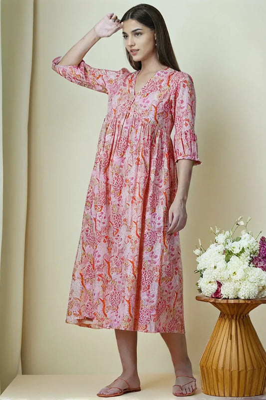 Pink Floral Anarkali Midi Dress