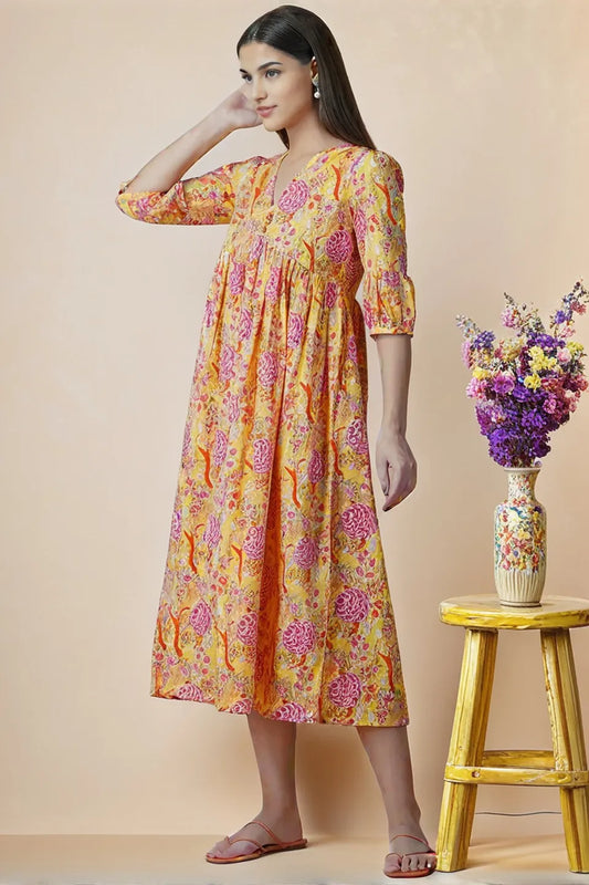 Yellow Floral Anarkali Midi Dress